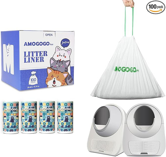 100 Pack Litter Box Bags, Compatible with Self Cleaning Litter Box Scooper Young and Luxury Pro, Automatic Litter Box Liners, Replacement Trash Bags with Drawstring, 25.59" x 15.75"