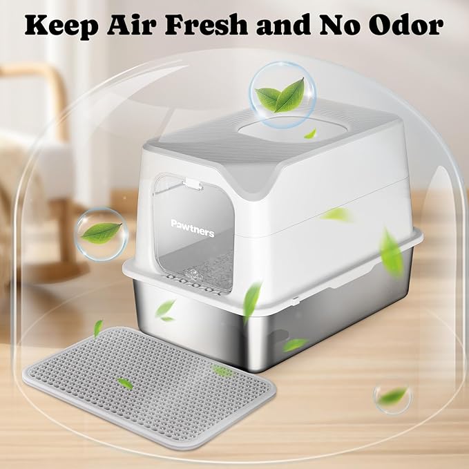 Pawtners Stainless Steel Cat Litter Box, XL Extra Large Kitty Litter Pan, Front Entry Top Exit Enclosed Metal Cat Toilet for Odor Control with Removable Lid & Scoop & Mat, Anti-Leakage, Easy to Clean