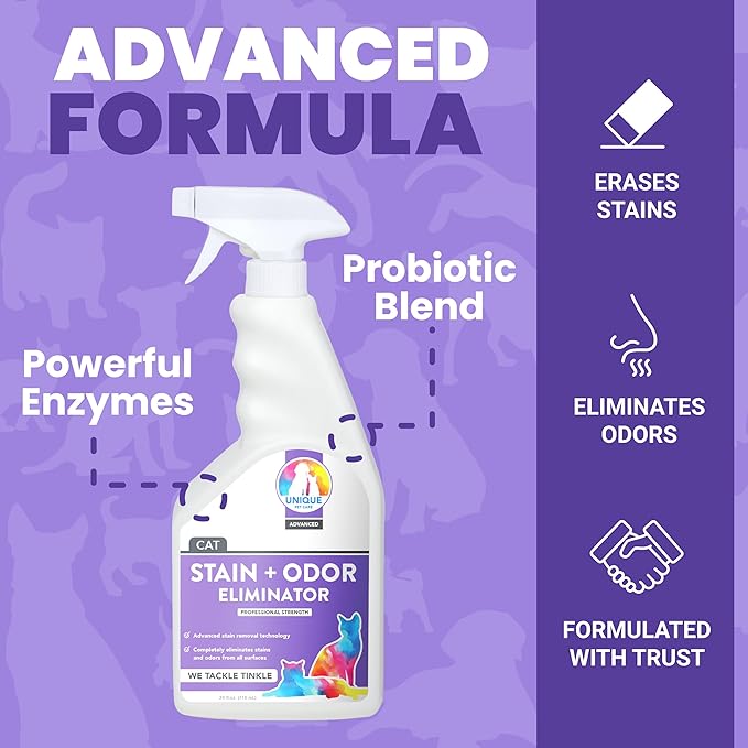 Unique Advanced Cat Odor + Stain Remover - 24 oz. Ready-to-Use Liquid Spray - Cat Urine Remover, Eliminates Stains and Removes Pet Odors