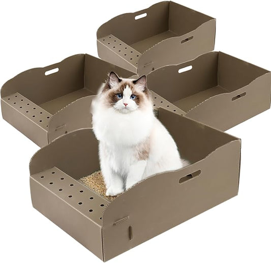 Large Disposable Litter Box 4 Units - Waterproof Lightweight Cat Litter Box, Polypropylene Construction, Monthly Use - Grey, 17.3 X 13 in
