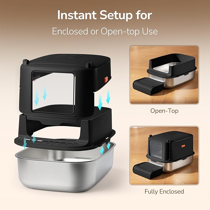 Stainless Steel Litter Box with Lid – XL Removable Covered Cat Litter Box with Door Flap,Extra Large Enclosed Metal Litter Box with High Sides,Litter Scoop – Durable & Easy to Clean,Black