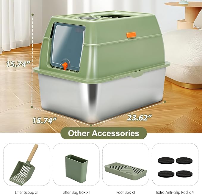 Stainless Steel Litter Box with Lid Cat XXL Metal Front Entry Top Kitty Litter Box,High Side Enclosed Cat Litter Box for Big Cats and Kittens,Extra Large Litter Box with Scoop