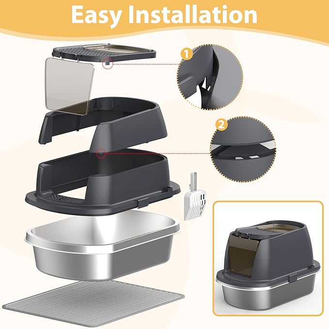 Stainless Steel Litter Box with Lid,Large Enclosed Cat Litter Box, Covered Metal Litter Tray for Easy Cleaning & Odor Control, Includes Scoop and Litter Mat, Hooded Cat Litter Pan for Kitten (Gray)