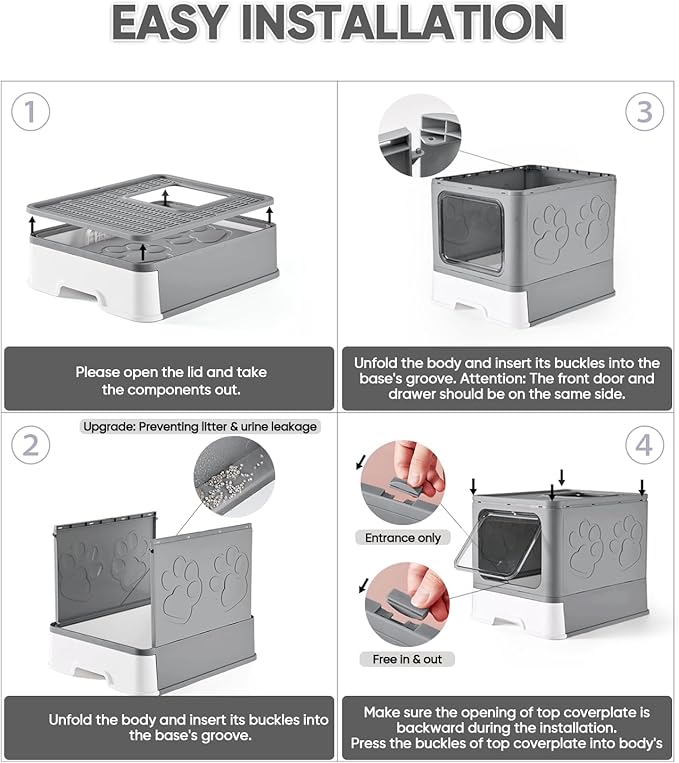 Cat Litter Box with X-Large Litter Mat and Scoop, Large Foldable Litter Box with Lid, Front Top Entry Exit Kitty Litter Box, Odor Control Easy Clean (Upgrade Dark Grey)