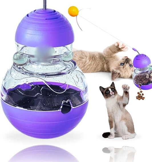 Cat Treat Toy for Indoor Cats - 16.3 '' Cat Interactive & Wand Toy for Bored Adult & Kitten Puzzle Slow Feeder Training Bowl Food Dispenser Track Balls - Christmas & Birthday Gifts (Purple)