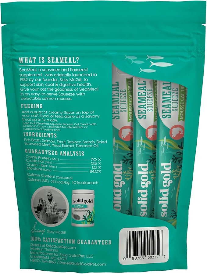 Solid Gold Lickable Cat Treats - Salmon SeaMeal Squeeze Squeezable Cat Treats for Indoor Cats 30 Pack - Made with Fiber-Rich Seaweed for Digestive Health for Immune Support - 3 oz / 30 Count