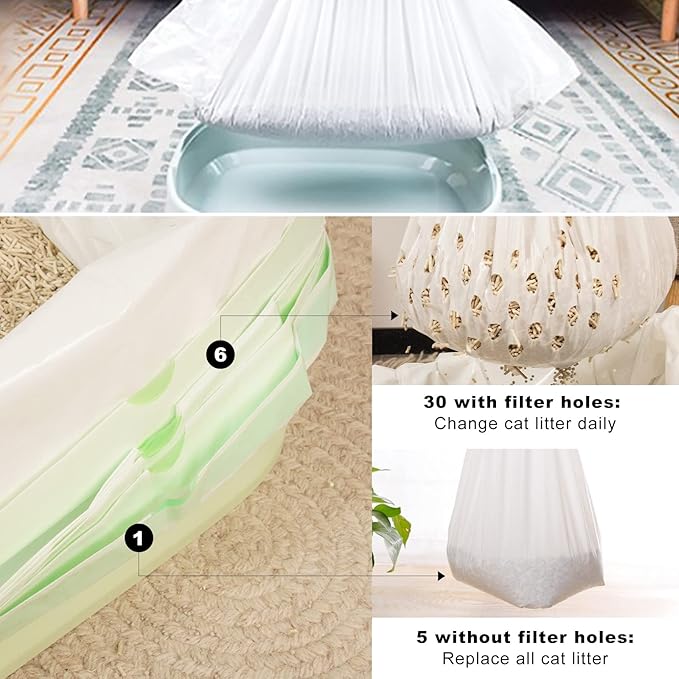 Tylu Cat Litter Liners Disposable Cats Litter Pan Liner Bag with Drawstring Cat Litter Sifting Liners Contains 6 Screening Bags with Holes + 1 Non-porous Screening Bag (5 sets, 35 pieces in total)