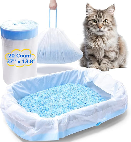 Cat Litter Bags with Drawstring, Size 37"x 13.8", Large Litter Pan Liners Compatible with Pet Scoop Free Self-Cleaning Box Tray, Tear and leak proof Pet Waste Bags, 20 Count