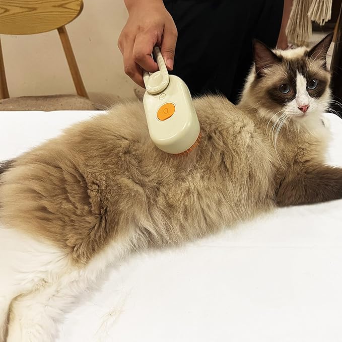 Long-Pin Spray Brush for Long Haired Cats & Dogs, 3-in-1 Design: Fur Remover, Massage and Clean, Steam Brush for Shedding, Steamy Dematting Brush For indoor Cats, Dogs and Rabbits (Khaqi)