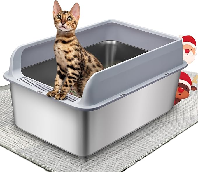 Stainless Steel Cat Litter Box, XL Extra Large Enclosure Litter Box for Small Big Cats, Filter Metal High Sided Litter Box with Scoop Mats, Non-Sticky Anti-Leakage Easy Cleaning