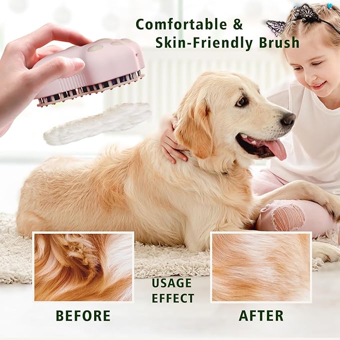 Cat Steam Brush, Cat Steam Brush for Shedding, 4 In1 Rechargeable Pet Hair Removal Tool for Cat, Dog, Self Cleaning & Grooming Brush for Long & Short Hair of Pets, Comfortable Skin-friendly (Pink)