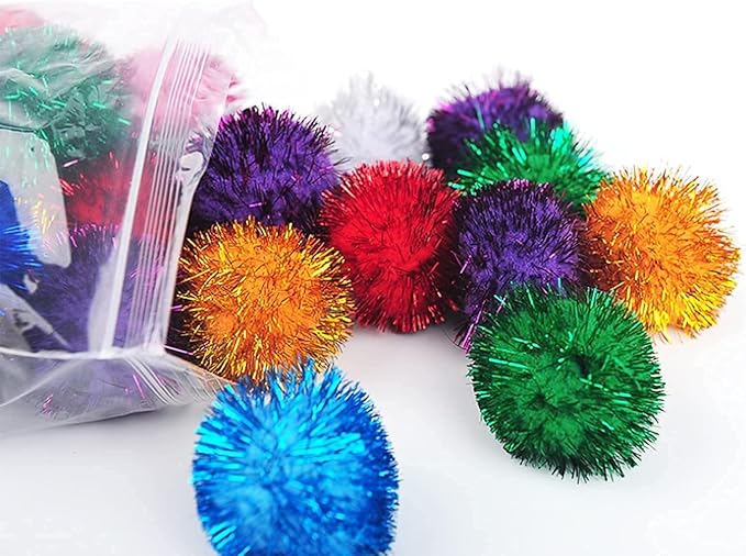 40 Pcs 2 Inch Assorted Color Flash Ball Cat's Favorite Toy Ball Tinsel Pom Poms Flash for Kittens Exercise and Multiple Cats Play and Chase