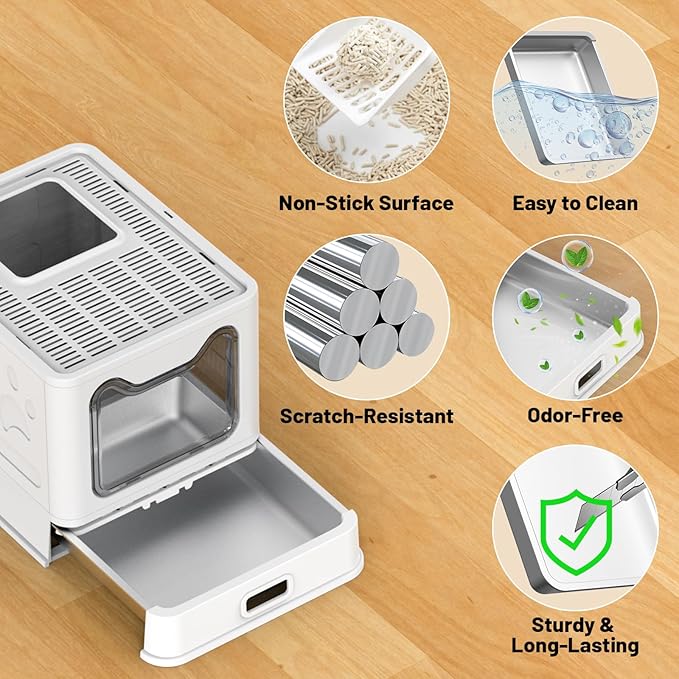 Foldable Enclosed Stainless Steel Cat Litter Box with Lid, High Wall Sides, Non-Sticky, Anti-Leakage, Easy Cleaning (Gray)