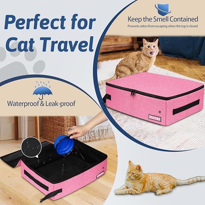 Petskd Portable Cat Travel Litter Box with Lid and 10 pcs Disposable Liner Bags, Leak-Proof and Collapsible, Cat Travel Essentials for Car Travel, Hotel, Airplane and Other Outdoor Use(Pink)