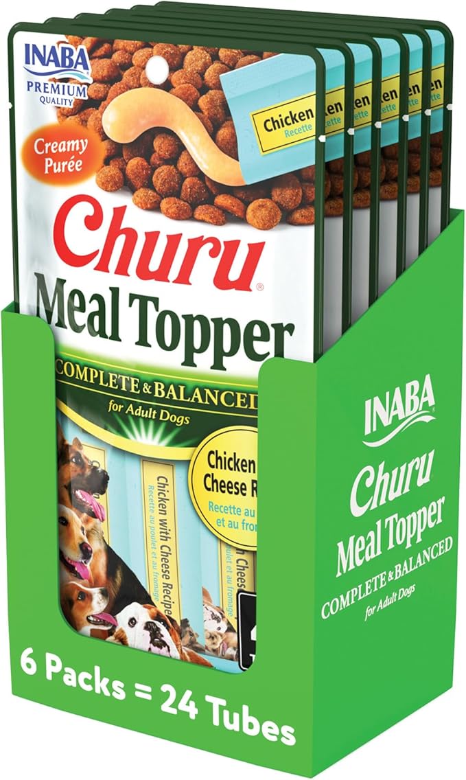 INABA Churu Meal Topper for Dogs, Complete & Balance, Creamy, Lickable Purée Dog Food Topper, 0.5 Ounce Tube, 24 Tubes (4 per Pack), Chicken with Cheese Recipe
