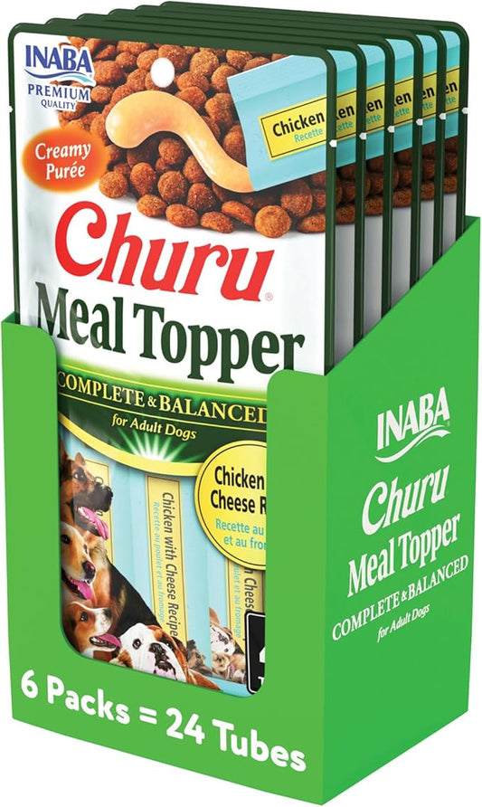 INABA Churu Meal Topper for Dogs, Complete & Balance, Creamy, Lickable Purée Dog Food Topper, 0.5 Ounce Tube, 24 Tubes (4 per Pack), Chicken with Cheese Recipe