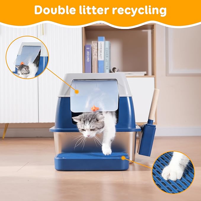 Enclosed Stainless Steel Litter Box with High Sides, Top Entry Jumbo Cat Litter Box with Lid, Covered Metal Extra Large Litter Box for Big Cats, Durable, Anti Leakage, Odorless, Non-Sticky, FOXORU