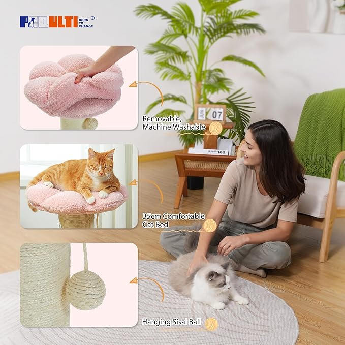 PEQULTI Flower Cat Scratching Post, Small Cat Tree, Tall Cat Scratcher for Indoor Cats with Super Thick Scratching Post [Dia=5.5''], Removable Flower Cat Bed, Cat Scratch Post with Spring Ball, Pink
