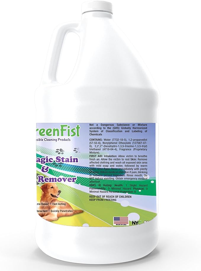 GreenFist Pet Stain & Odor Remover Magic Fast Acting Carpet Spot Cleaner Enzyme Powered Formula Cats,Dogs, Small Animal, 1 Gallon