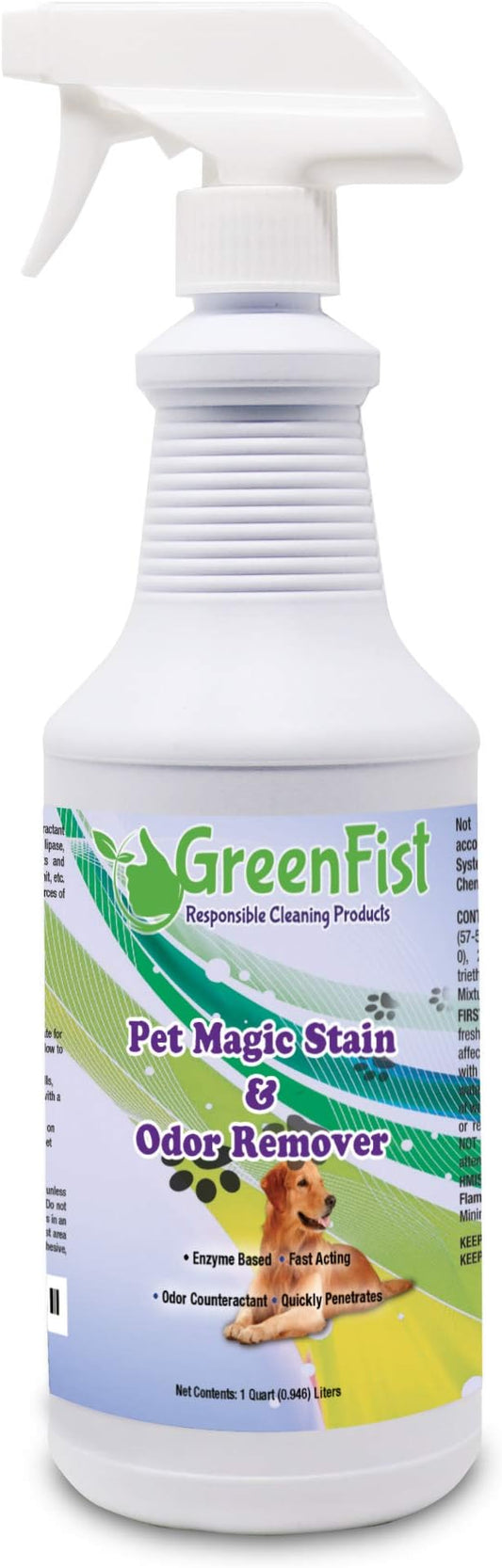 GreenFist Pet Stain & Odor Remover Magic Fast Acting Carpet Spot Cleaner Enzyme Powered Formula Cats,Dogs, Small Animal, 32 oz Spray