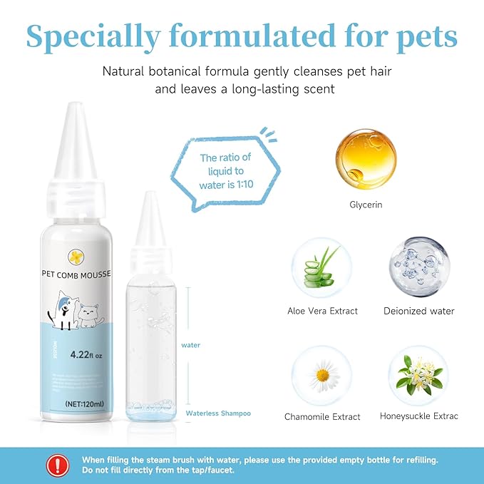 Steam Brush for Dog & Cat – 3-in-1 Pet Spray Hair Removal Comb – Pet Grooming & Shedding Steam – Includes Waterless Shampoo – Water Brush for Long & Short Haired Pets – Defur Spritz Comb