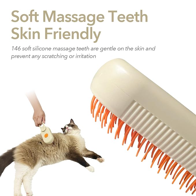 Long-Pin Spray Brush for Long Haired Cats & Dogs, 3-in-1 Design: Fur Remover, Massage and Clean, Steam Brush for Shedding, Steamy Dematting Brush For indoor Cats, Dogs and Rabbits (Beige)