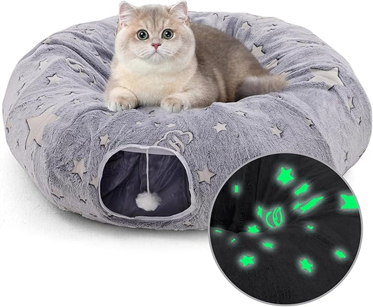 Cat Tunnel Bed 3 FT Collapsible Cat Tunnels, Cat Donut Tube with Fluffy Toy Balls, Pom Pom Ball & Cat Mice Cat Toy, Self-Luminous Peekaboo Cat Cave for Large Cats, Small Animals, Puppy, Kitten