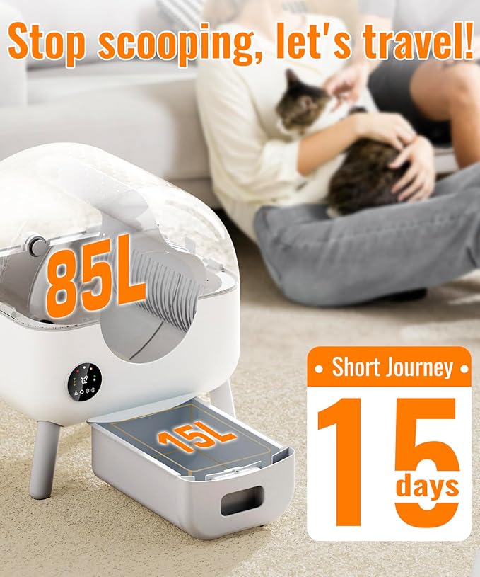 Self Cleaning Litter Box - 105L Large Automatic Cat Litter Box Self Cleaning, All Litter Suitable, 1 Roll Garbage Bags and Mat, App Control, White grey1.X