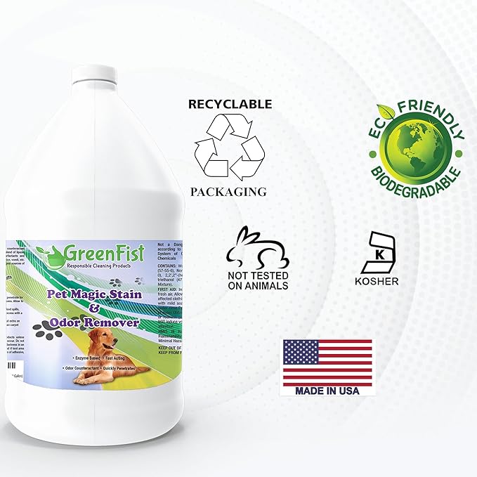 GreenFist Pet Stain & Odor Remover Magic Fast Acting Carpet Spot Cleaner Enzyme Powered Formula Cats,Dogs, Small Animal, 1 Gallon