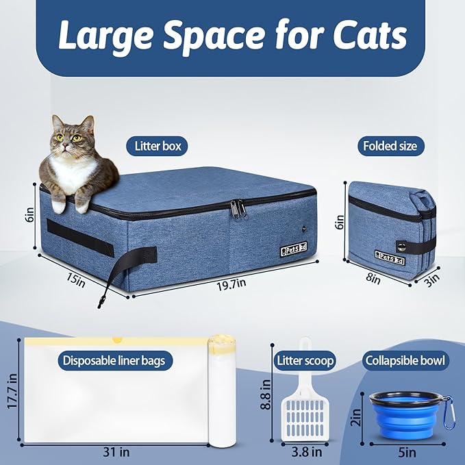Petskd Portable Cat Travel Litter Box with Lid and 10 pcs Disposable Liner Bags, Leak-Proof and Collapsible, Cat Travel Essentials for Car Travel, Hotel, Airplane and Other Outdoor Use(Blue)