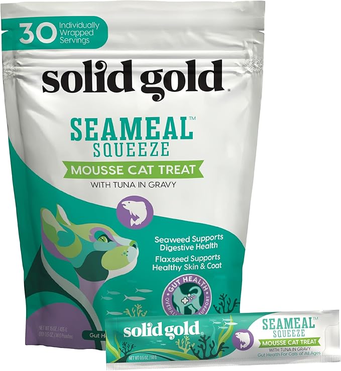 Solid Gold Lickable Cat Treats - Tuna SeaMeal Squeeze Squeezable Cat Treats for Indoor Cats 30 Pack - Made with Fiber-Rich Seaweed for Digestive Health for Immune Support - 3 oz / 30 Count