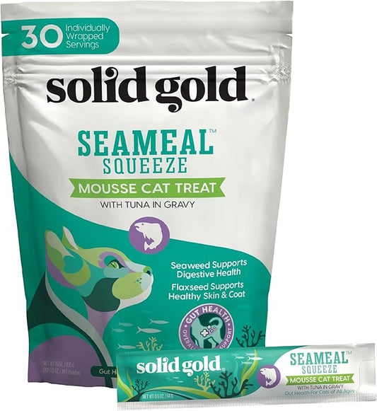 Solid Gold Lickable Cat Treats - Tuna SeaMeal Squeeze Squeezable Cat Treats for Indoor Cats 30 Pack - Made with Fiber-Rich Seaweed for Digestive Health for Immune Support - 3 oz / 30 Count