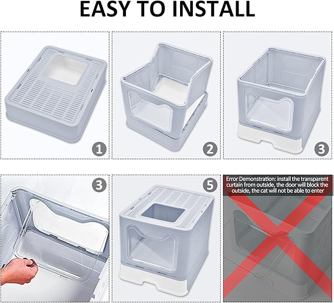 Cat Litter Box with Lid, Top Entry Cat Litter Box Pan, Enclosed Cat Potty, Anti-Splashing Cat Toilet, Foldable Litter Box Large Covered Cat Supplies with Scoop Brush and Garbage Bag