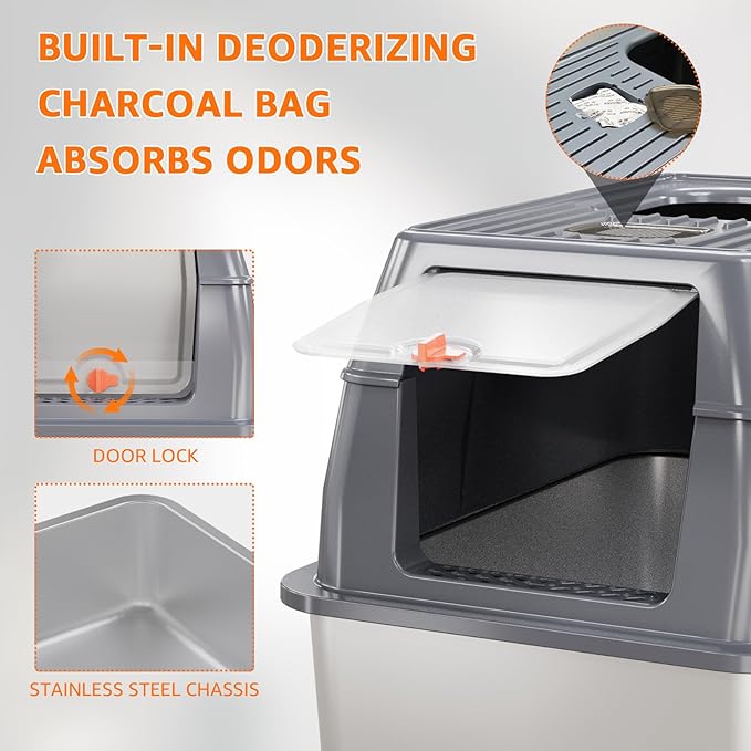 MIKK Enclosed Stainless Steel Cat Litter Box with Lid XL Extra Large Litter Box for Big Cats,Never Absorbs Odors, Sturdy Easy to Clean Non-Sticky Anti-Leakage with Cat Scratcher Mat(Grey)