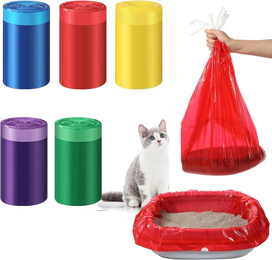 Tinlade 50 Count Multicolor Jumbo Cat Litter Box Liners Large Drawstring Cat Litter Liners Bags Unscented Tear Resistant for Trash Waste to Keep Your Home Clean