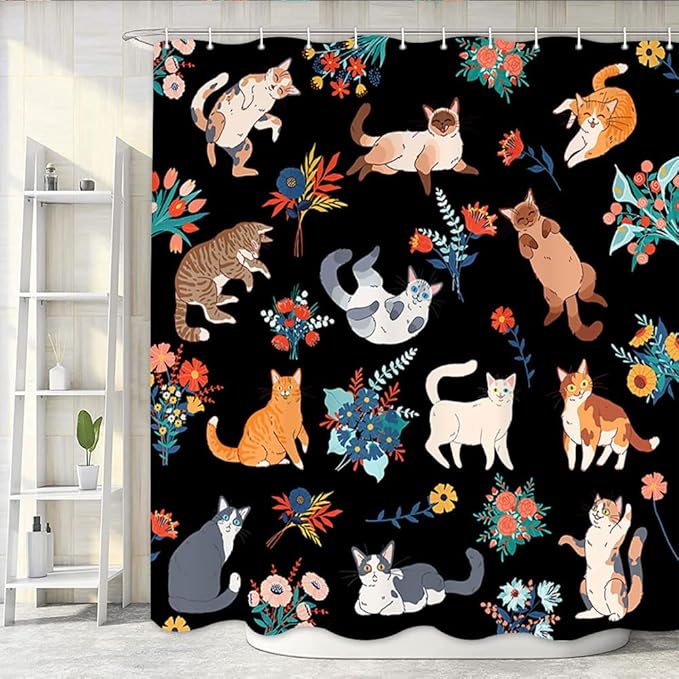 Cute Cat Shower Curtain With Flowers, Black for Bathroom Decor, Funny Set With Hooks, Kids 72X72in