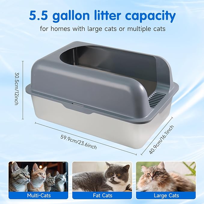 Extra Large Stainless Steel Litter Box with Lid, High Sides Covered Metal Jumbo Cat Litter Boxes for Big Cats, Anti Leakage, Never Absorbs Odors, Non-Sticky, FOXORU