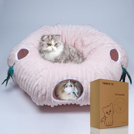 Cat Tunnel Bed,Cat Tunnel Bed with Soft Central Cat Couch,Cat Toys for Indoor Cats,Collapsible Peekaboo Cat Cave,Cat Donut Tunnel and Kitty Toy Set（Pink Stripe，Donut）