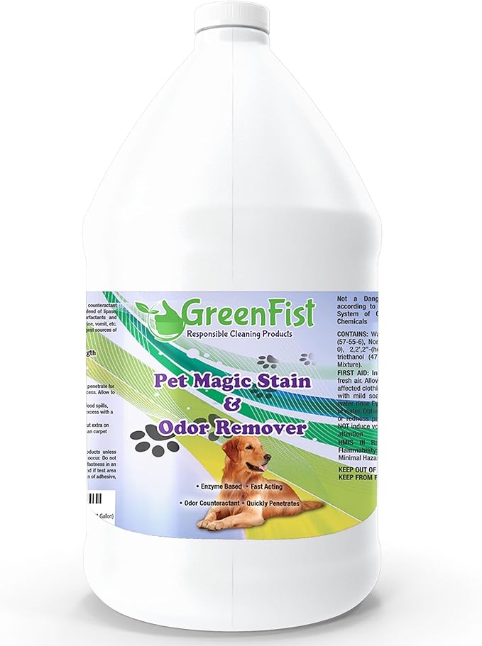 GreenFist Pet Stain & Odor Remover Magic Fast Acting Carpet Spot Cleaner Enzyme Powered Formula Cats,Dogs, Small Animal, 1 Gallon