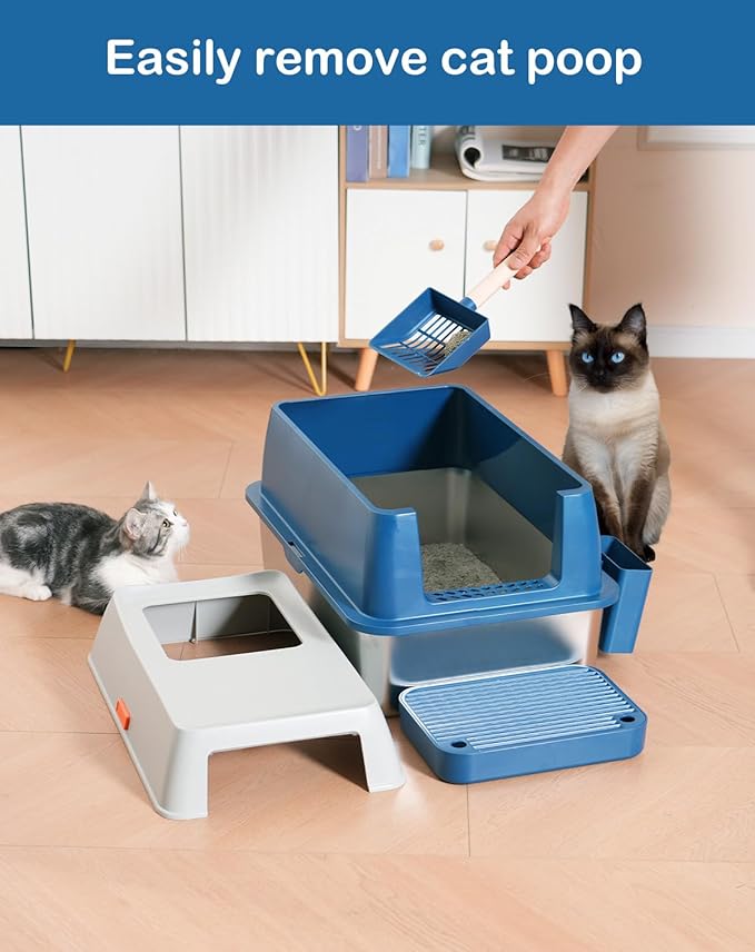 XL Stainless Steel Enclosed Litter Box with Covered, High Sides, Eliminates Odors, Hooded Cat Litter Box, Easy Clean, Extra Large Metal Litter Box with lid for Indoor Cats, Blue, FOXORU