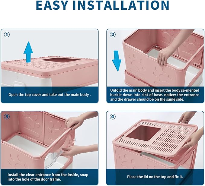 Cat Litter Box with Litter Mat and Scoop, Large Foldable Litter Box with Lid, Front Entry Top Exit Kitty Litter Box, Odor Control Easy Clean (Pink)