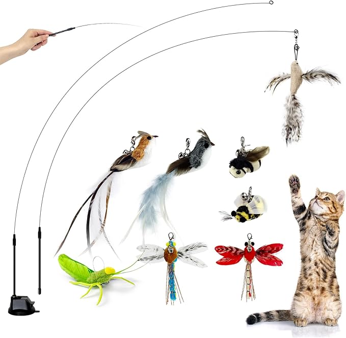Cat Feather Toys with 1 Suction Cup,2 Cat Wands,8Pcs Birds and Insects Simulation Feather Refills with Bells, Interactive Toys for Indoor Cats and Kitten.