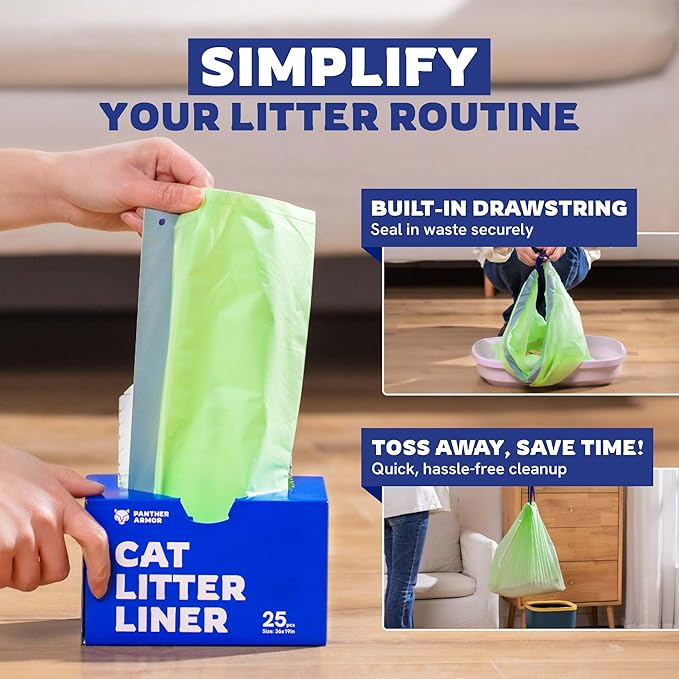 Panther Armor Compostable Litter Box Liners, 25 count, Extra Large Cat Liners, Unscented, Kitty Litter Liners, Drawstring, Jumbo Size, Fits Any Litter Boxes