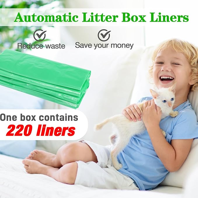 Litter Box Liners Compatible with LitterMaid/Nature's Miracle Waste Receptacles, Green Unscented 220 Refill Bags with Handles Use in Self-Cleaning Litter Box Waste Trays