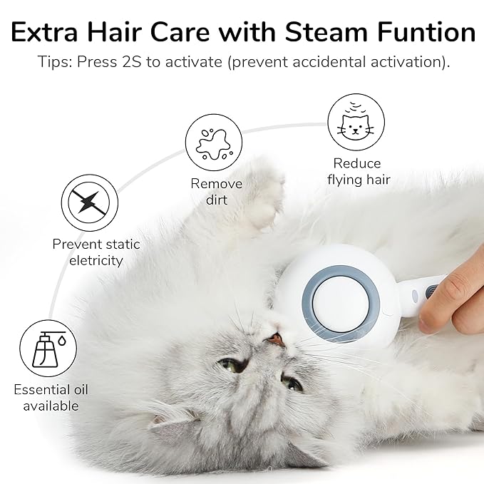 FUKUMARU Cat Steam Brush, 3 in 1 Cat Shedding Brush, Pet Steam Brush with Water Tank and USB Rechargeable, Self Cleaning Brush for Dog with Release Button, Remove Static Flying Tangled Hair, White
