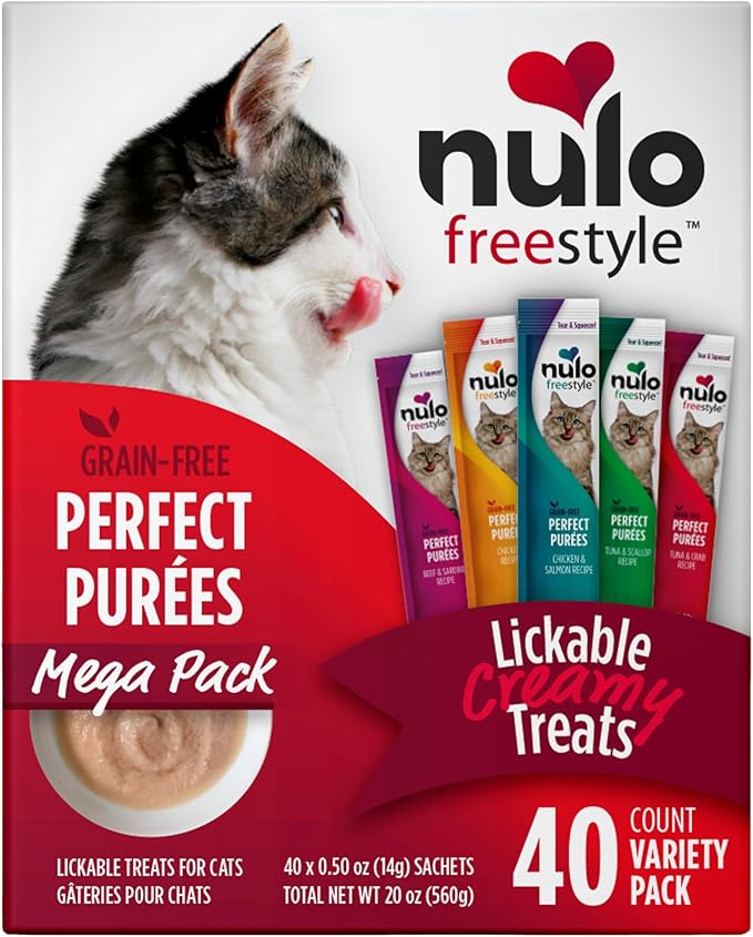 Nulo Freestyle Grain-Free Perfect Purees Premium Wet Cat Treats, Squeezable Meal Topper for Felines, High Moisture Content to Support Cat Hydration, 0.5 Ounce, 40-Count Variety Pack