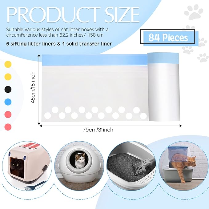 84 Count Large Sifting Cat Litter Bags 31 x 18 Inch Cat Litter Box Liners with Holes Drawstring Litter Box Liners Disposable Thick Scratch Resistant Cat Litter Bags for Pet Cat Litter Box