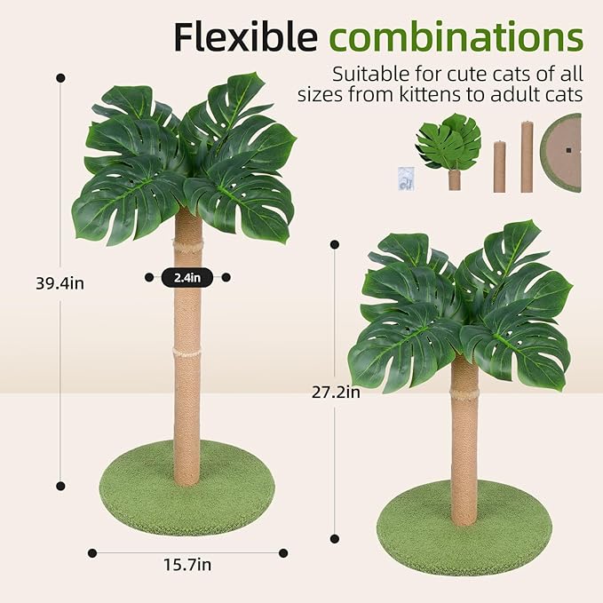 Cat Scratching Post 39.4 inch Tall Cat Tree for Indoor Cats Large Adult Cat Scratching Post with Sisal Rope,Cute Kitten Cat Scratcher in Monstera Plants