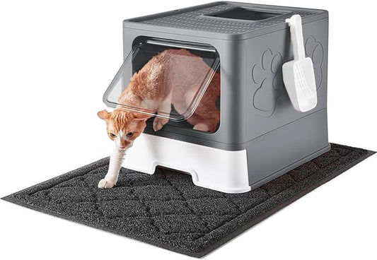 Cat Litter Box with X-Large Litter Mat and Scoop, Large Foldable Litter Box with Lid, Front Top Entry Exit Kitty Litter Box, Odor Control Easy Clean (Upgrade Dark Grey)