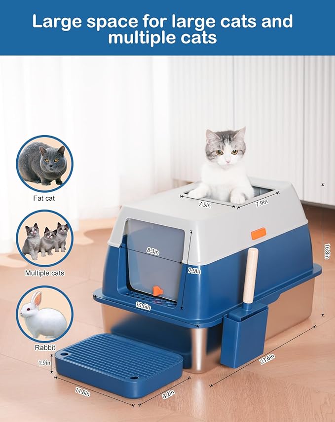 XL Stainless Steel Enclosed Litter Box with Covered, High Sides, Eliminates Odors, Hooded Cat Litter Box, Easy Clean, Extra Large Metal Litter Box with lid for Indoor Cats, Blue, FOXORU